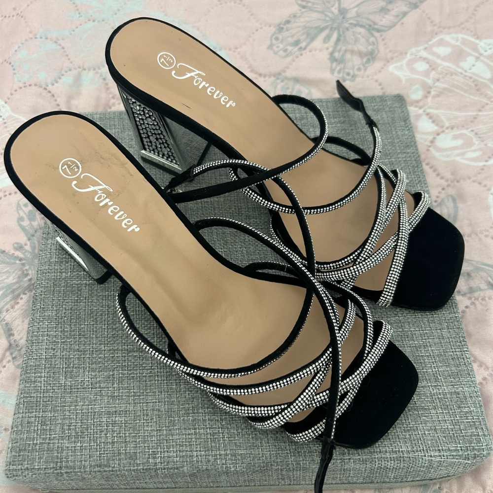 Forever Black Rhinestone Strappy Block Heel Sandals